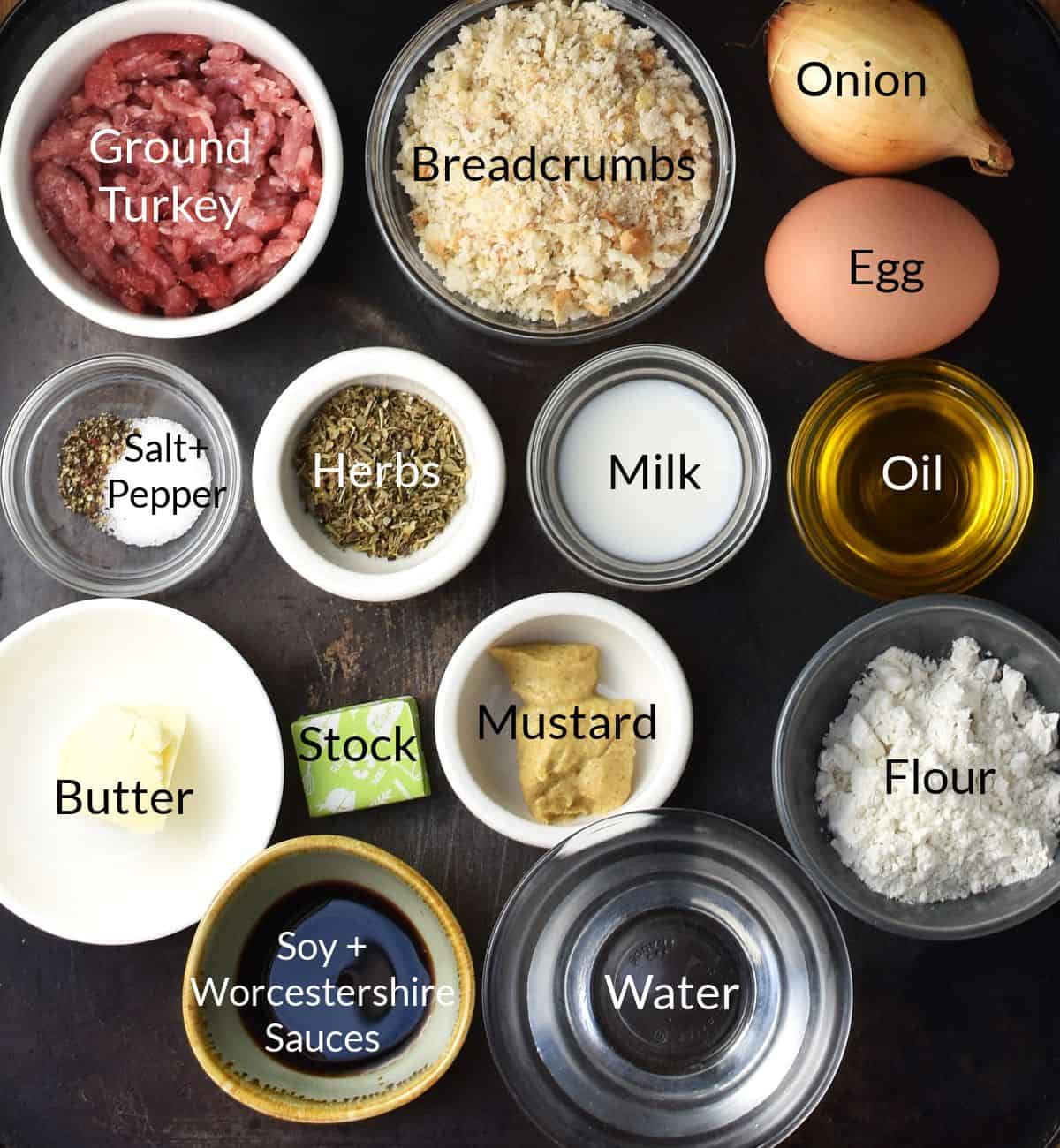 Top down view of ingredients for making turkey meatballs in gravy.