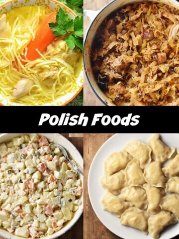Top down view of Polish foods including soup, bigos, salad and pierogi.