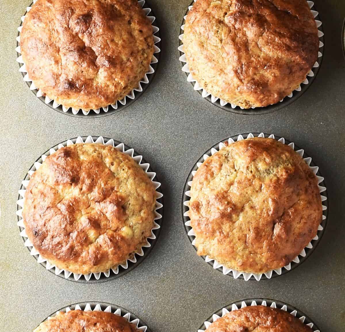 Baked cottage cheese banana walnut muffins in pan.