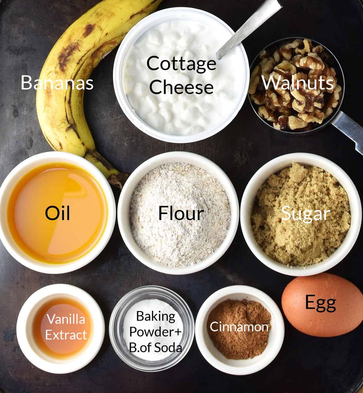 Ingredients for cottage cheese and banana muffins in individual dishes.