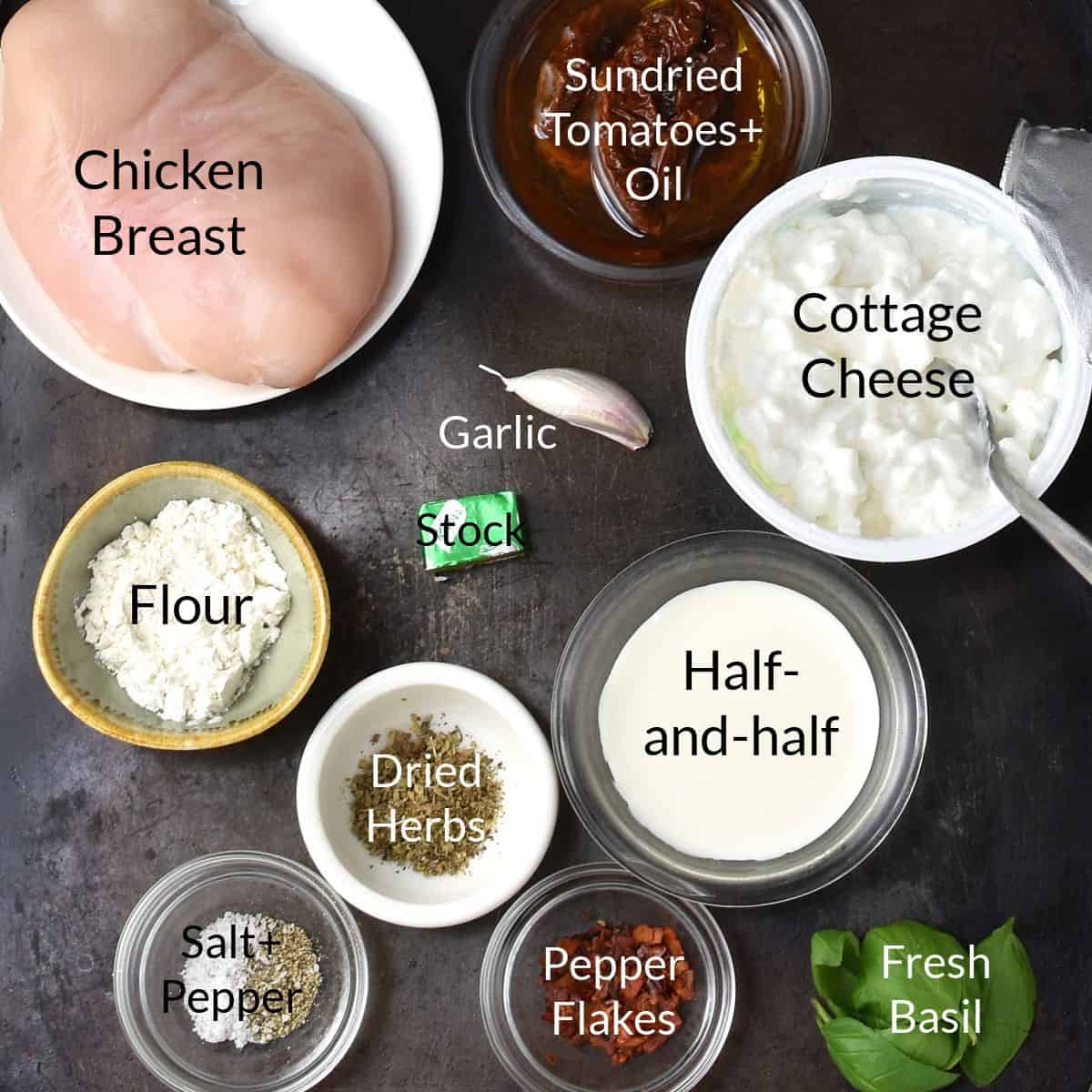 Top down view of ingredients for healthy marry me chicken in individual dishes.
