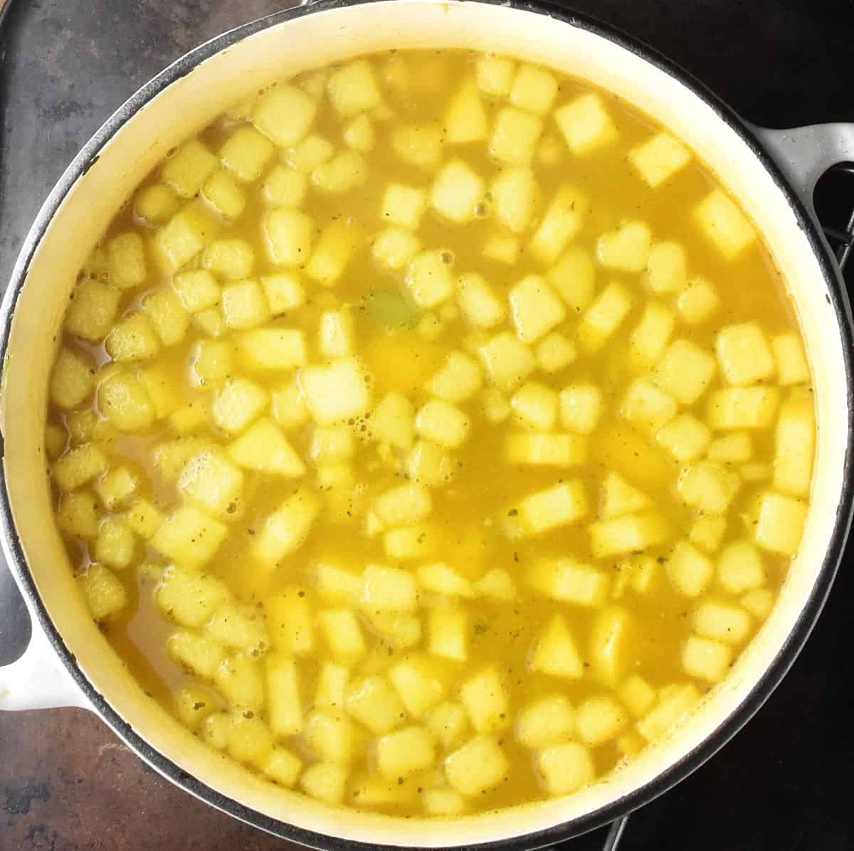 Vegetarian mulligatawny soup in large white pot.