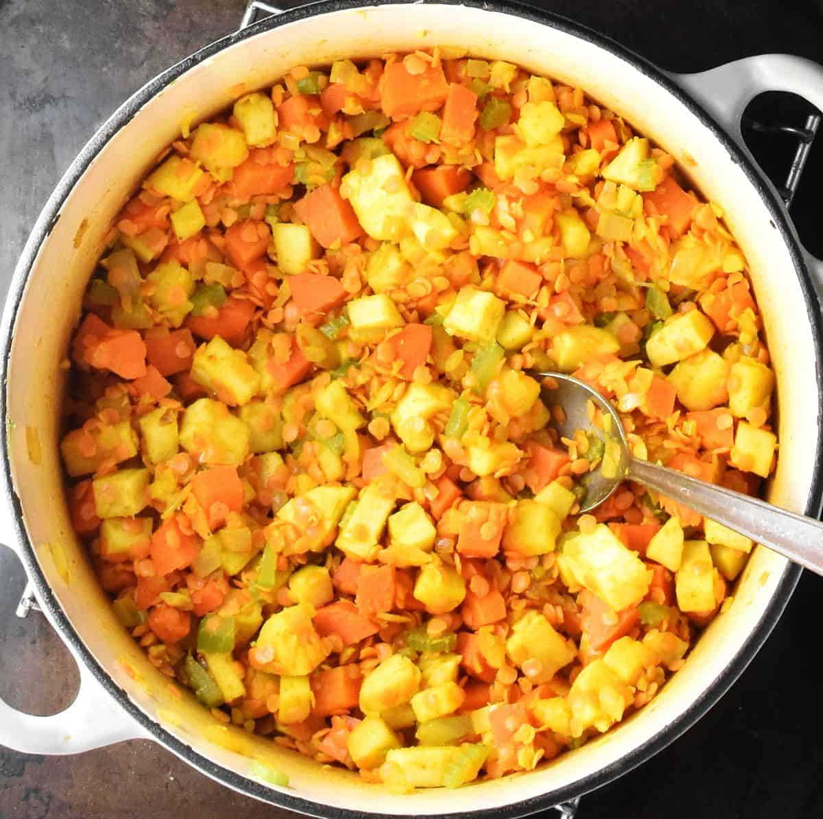 Top down view of cubed vegetables and lentils with spices in white pot with spoon.