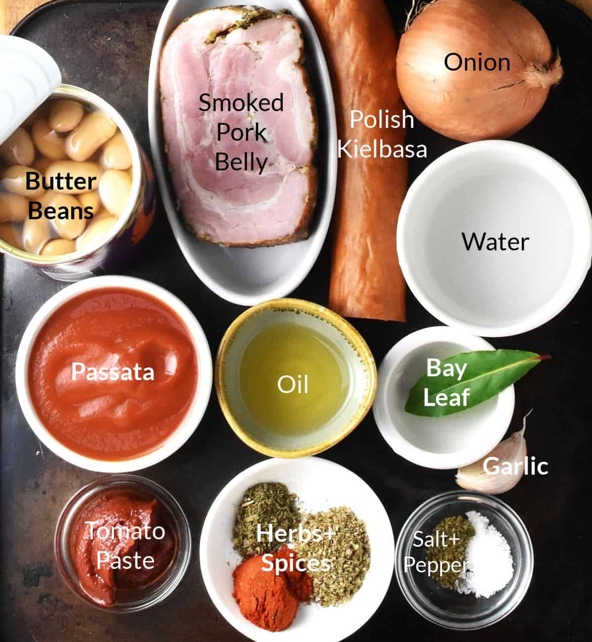 Polish beans ingredients in individual dishes.